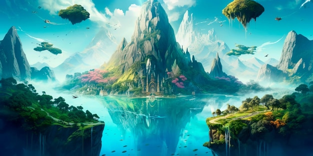 浮遊島や異世界の生き物に囲まれたそびえ立つ神秘的な山を特徴とする夢のような風景生成 AI