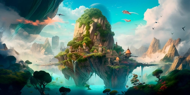 Dreamlike landscape featuring a towering mystical mountain surrounded by floating islands and otherworldly creaturesGenerative AI