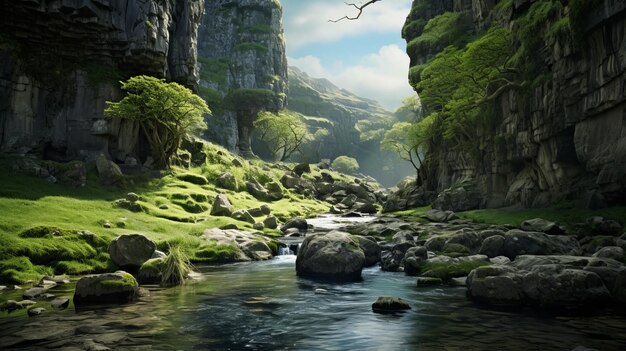 Photo dreamlike landscape a river running through a cliff in hindu yorkshire dales