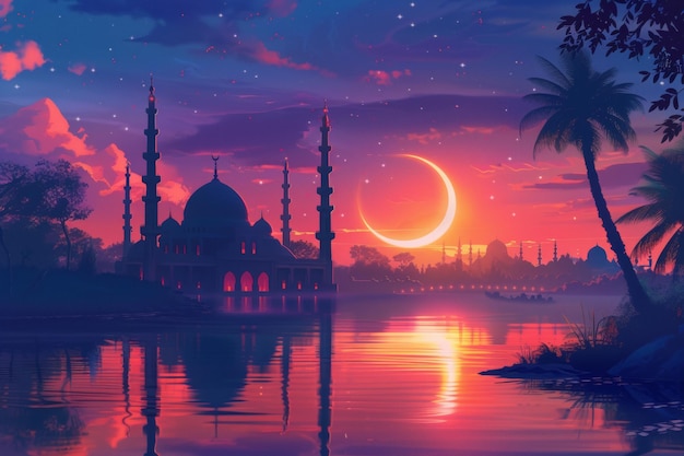 초승달 과 별빛 하늘 이 있는 황혼 에 있는 꿈 같은 모스크