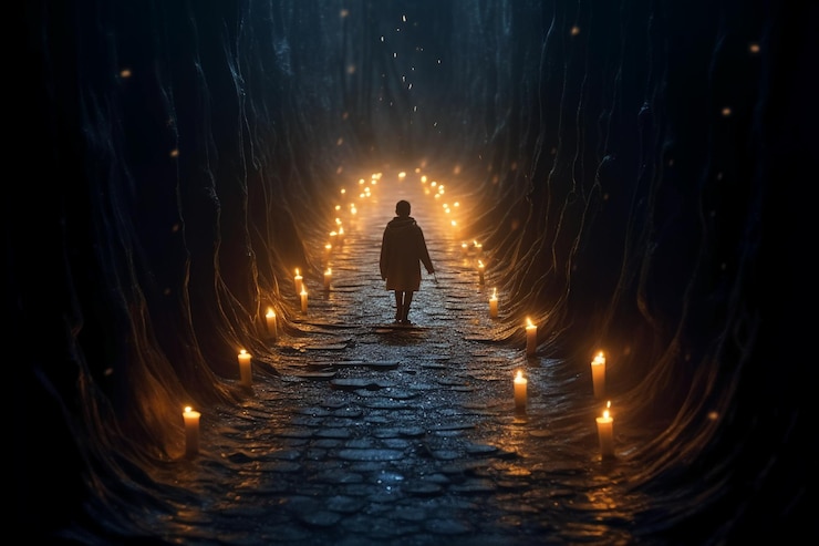 Photo a dreamlike photograph of a person holding a candle walking on a narrow path surrounded by a vast