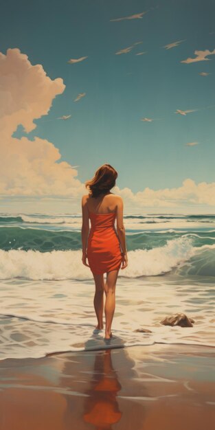 Dreamlike Realism A Captivating Portrait Of A Girl In An Orange Dress On The Beach