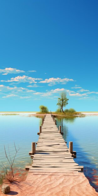 Dreamlike realism a serene wooden pier near water and tree