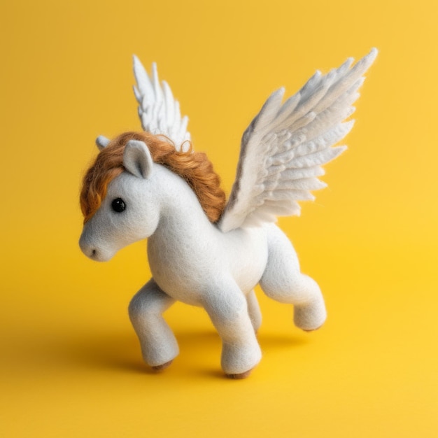 Dreamlike realism tiny toy pony with wings on a yellow backgrou