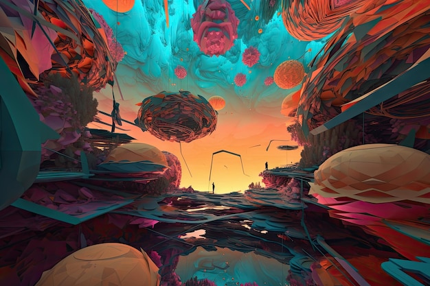 Dreamlike scene with floating shapes and colors like a kaleidoscope