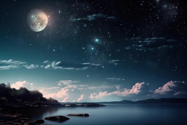 Dreamlike scene with a view of the night sky stars and moon shining above