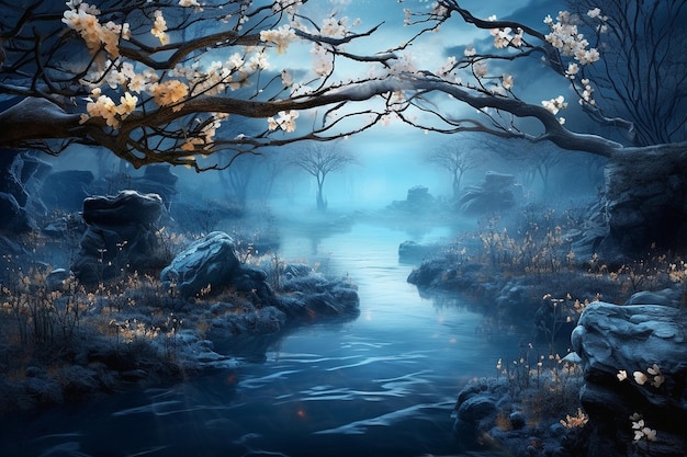 Dreams Awakened Where Blossoms Dance in Moonlight