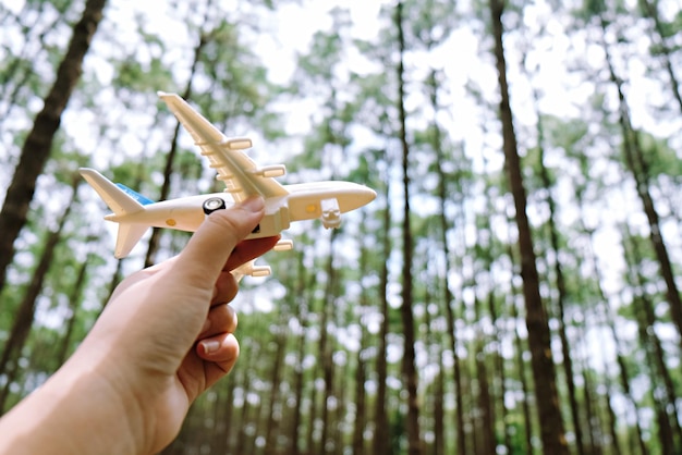 Dreams of journey hand holding airplane toy model Plane taking flight and takeoff