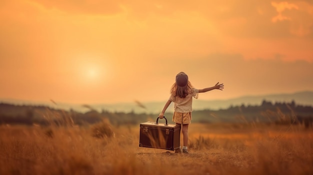 Dreams of travel Child flying on a suitcase against the backdrop of a sunset