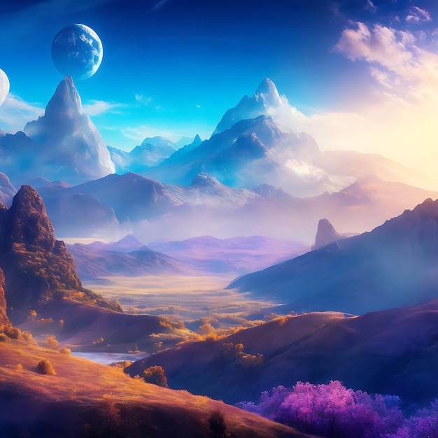 Photo dreamscape envisioning a vibrant realm of skies peaks and valleys