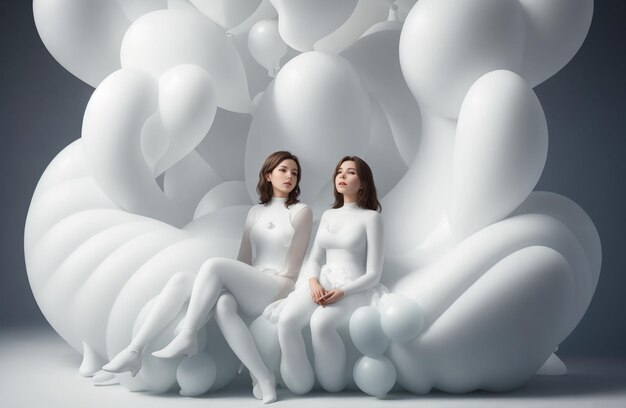 Dreamscape portraiture of two women sitting on a white sculpture made out of balloonss