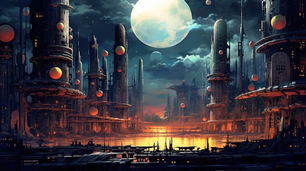 Foto paesaggio onirico con elementi cibernetici futuristici astratti sfondo astratto