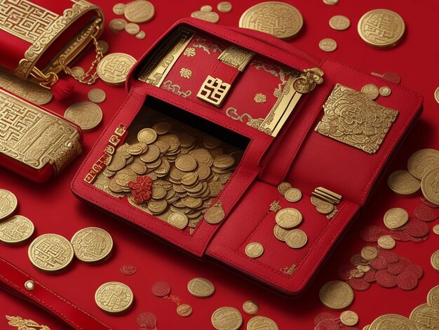 Dreamshaper v7 red purse with traditional gold coins chinese