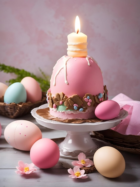 DreamShaper_v7_Traditional_easter_cake_with_candle_and_pink_ea_1 4