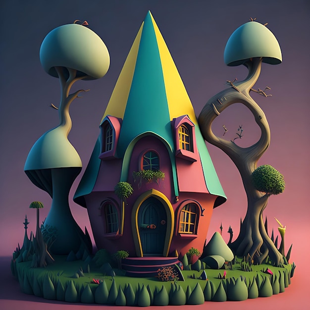 Dreamy 3D paint gnome house Abstract surrealistic illustration with a captivating atmosphere