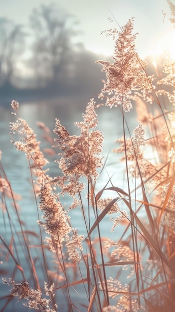 Dreamy Atmosphere Soft Focus Closeup of Tall Grass by a Tranquil Body of Water Generative AI
