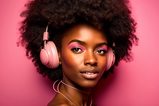 아프로 머리와 분홍색 배경 생성 인공 지능에 헤드폰을 가진 꿈꾸는 흑인 여성