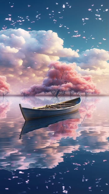 写真 ガラスのような湖に浮かぶ夢のようなボートの携帯電話用壁紙