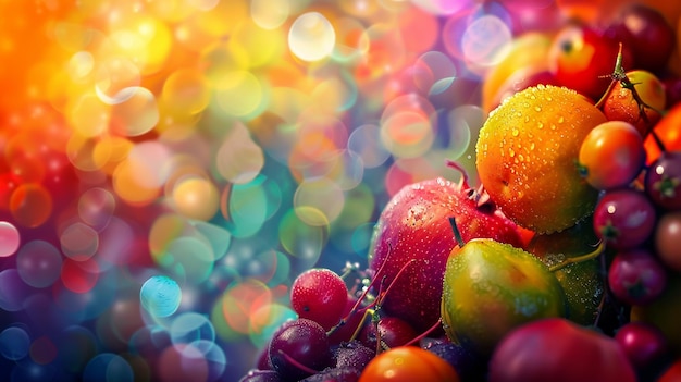 Photo dreamy bokeh background with colorful fruits closeup