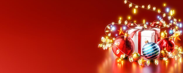 Dreamy Box Gift Christmas Ball Red Blue Gold Christmas Lights Bokeh Red Background Banner Copy Space 3D Render