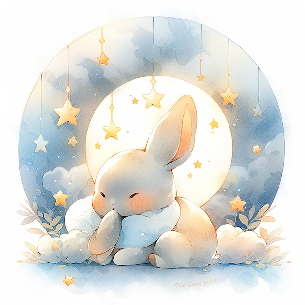 Photo dreamy bunny on the light yellow half moon cute nighttime illustration