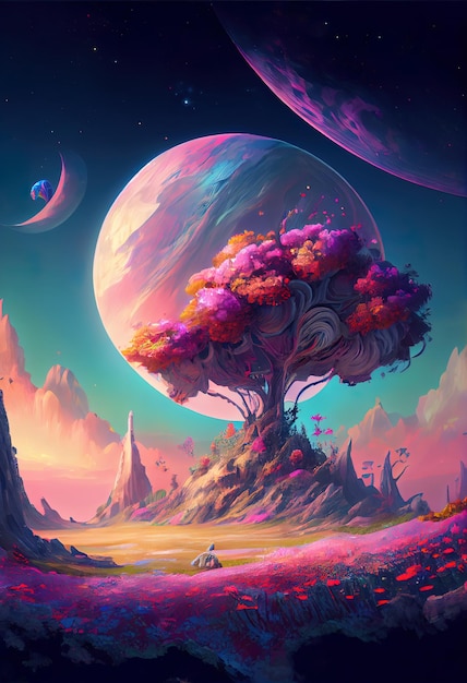 Dreamy Candycore Spacecore Landschap Bloemende Schoonheid