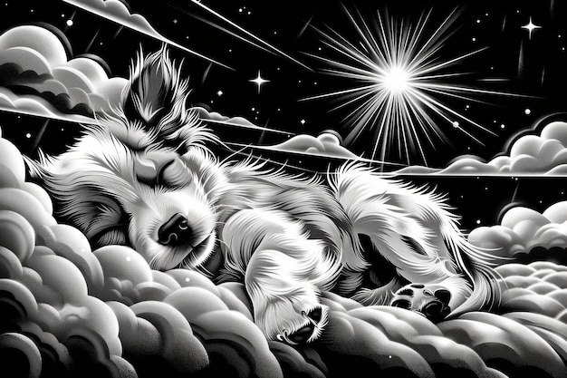 Foto dreamy canine slumber onder starlit skies monochrome illustratie