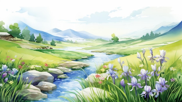 Photo dreamy cartoon landscape with mountains flowers and river