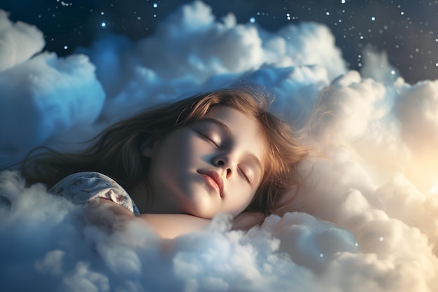 Foto bambino sognante che dorme tra le nuvole sotto un cielo stellato concetto della giornata mondiale del sonno sonno pacifico e sogni celesti nella giornata mondiale del sonno ragazza addormentata su una nuvola