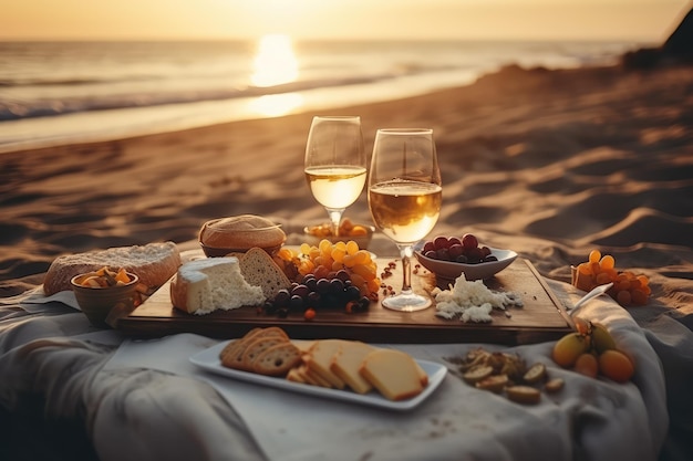 Dreamy Coastal Delight Beautiful Sunset Beach Picnic with White Wine