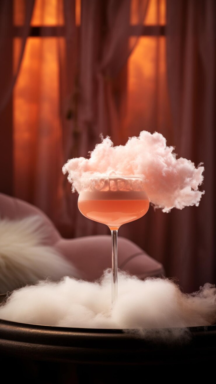 Photo a dreamy cocktail crowned with a cloud of cotton candy mist fog ensconced in a plush pink setting