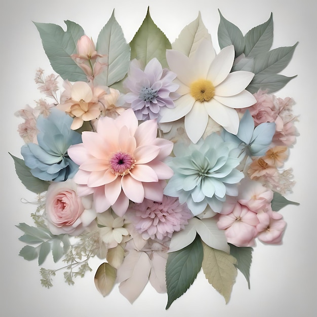 A dreamy collage design featuring delicate pastel flowers and leaves in a symmetrical arrangement