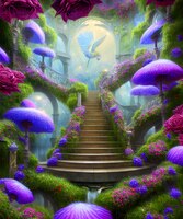 Dreamy colorfull stairs with bushes of flowers 3d illustration