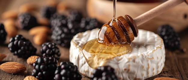 Dreamy Delights A Symphony of Almonds Blackberries Cheese and Honey Dripping from Honey Dipper