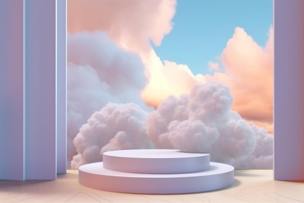 Фото Мечтательный фон подиума с пушистыми розовыми облаками и голубым небом. создано с помощью технологии генеративного искусственного интеллекта.