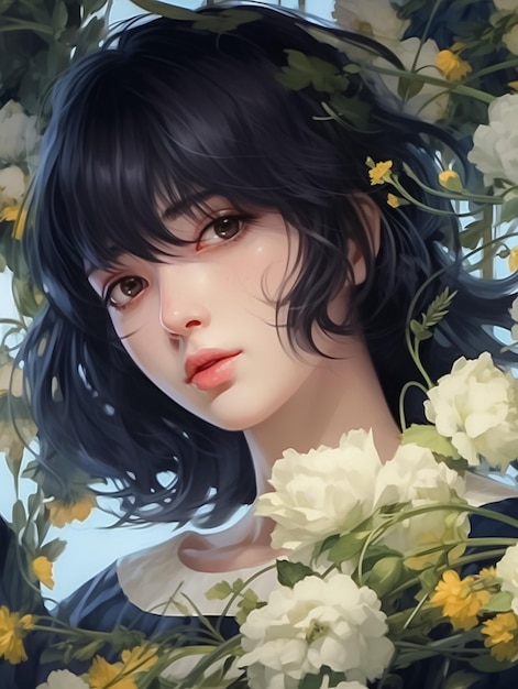 Dreamy and Ethereal Portrait of a beautiful Girl with orange Flowers and butterflies Ai Generated