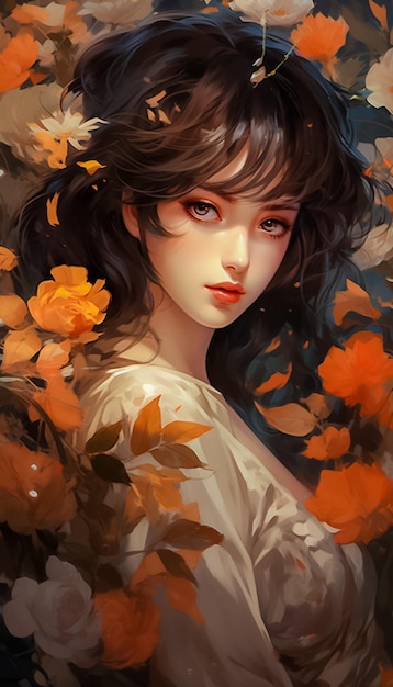 Dreamy and Ethereal Portrait of a beautiful Girl with orange Flowers and butterflies Ai Generated