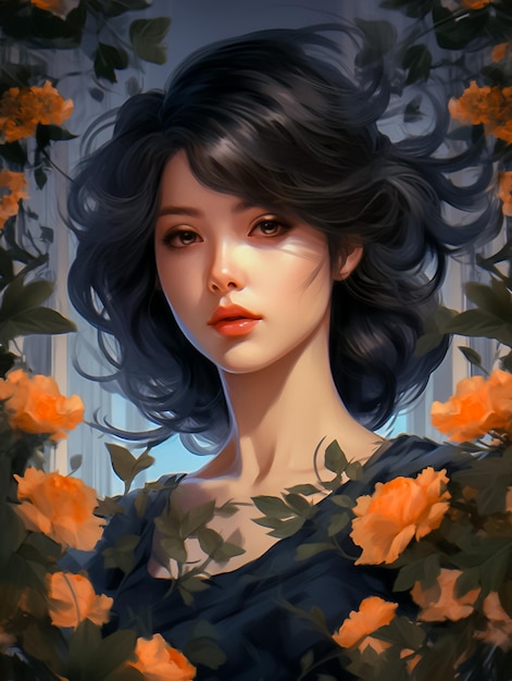 주황색 꽃과 나비 Ai가 생성된 아름다운 소녀의 몽환적이고 미묘한 초상화
