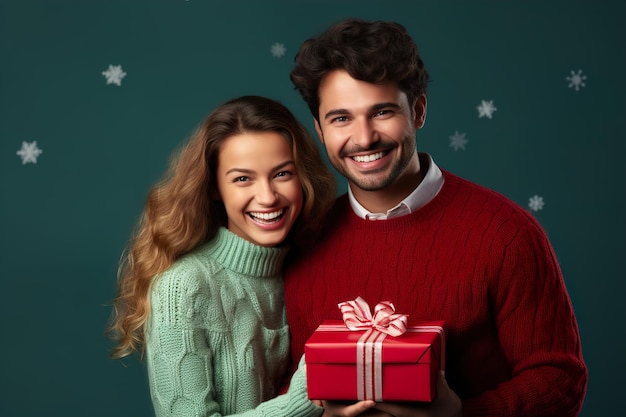 Dreamy excited married couple wear ornament sweaters isolated on color background