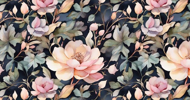 Dreamy floral watercolor seamless design with pink color and dark background color