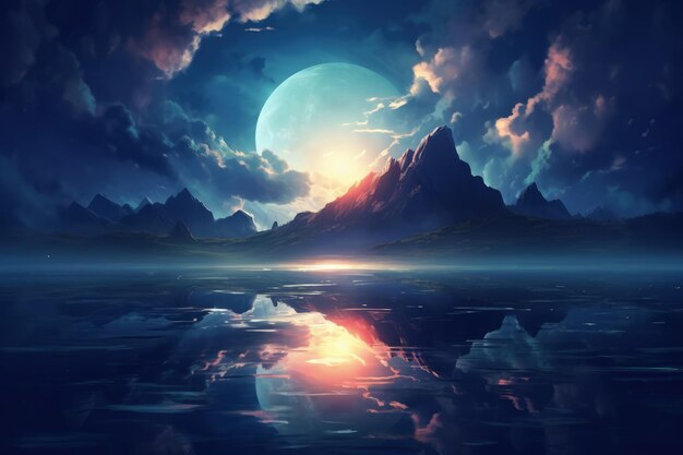 Dreamy Full Moon Reflection on Water Generative AI