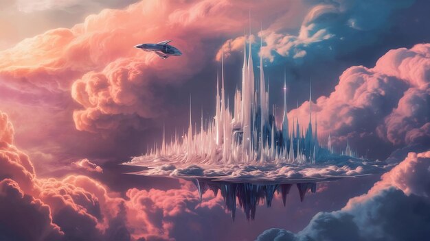 사진 다채로운 구름과 고층 스피러 모양의 마천루가 있는 우주에서 꿈꾸는 미래의 도시