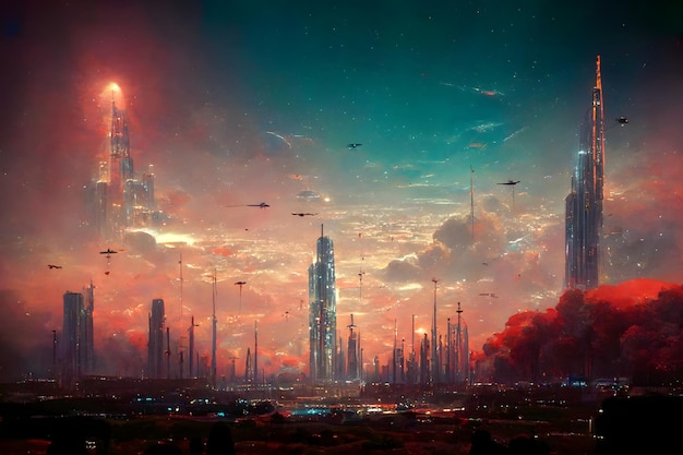 Dreamy futuristic city in space with colorful clouds and high\
rise spirelike skyscrapers neural