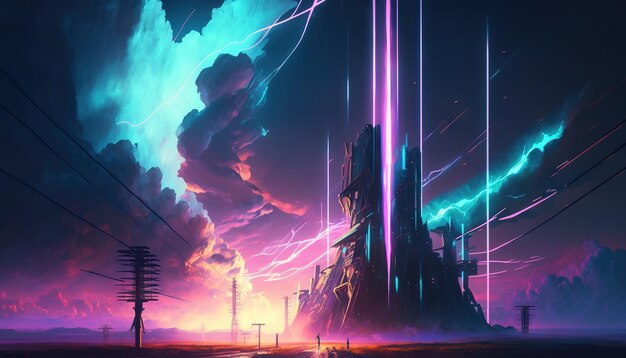 Dreamy futuristic landscape Scifi building with light rays Neon colored Generative AI