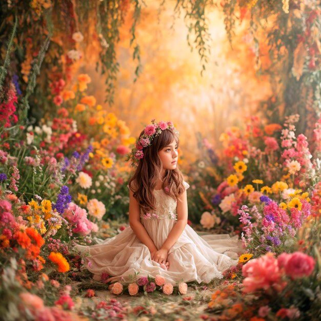 Dreamy Girl Amidst Vibrant Sunset Flower Garden