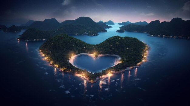 A dreamy glowing landscape of islands in the shape of a heart generative AI