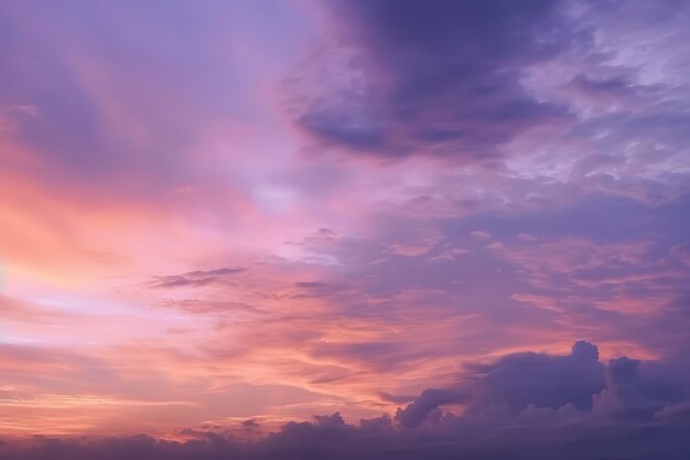 구름 AI가 생성된 부드러운 보라색과 분홍색 음영의 꿈꾸는 수평선 고요한 일몰 하늘