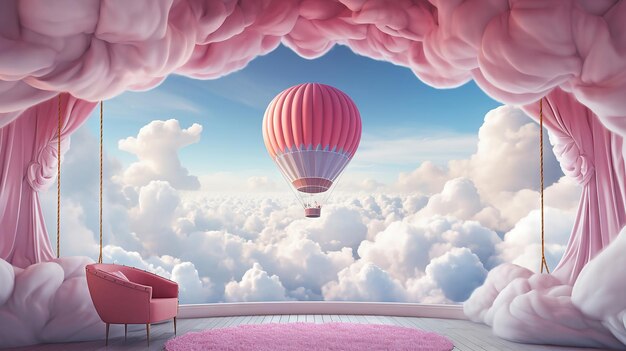 Фото Мечтательный воздушный шар среди пушистых облаков в круглой комнате с небом