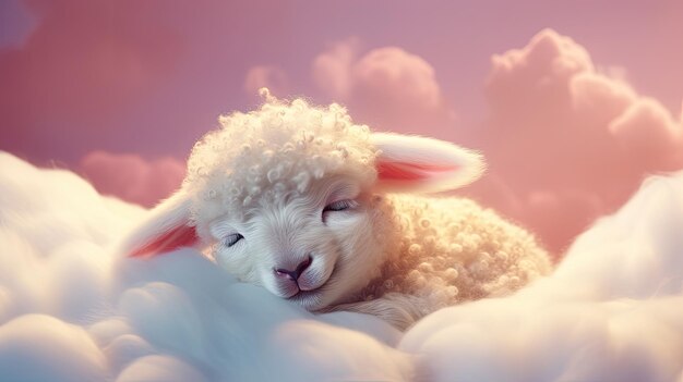 dreamy image face of a cute sheep sleeping on a cloud