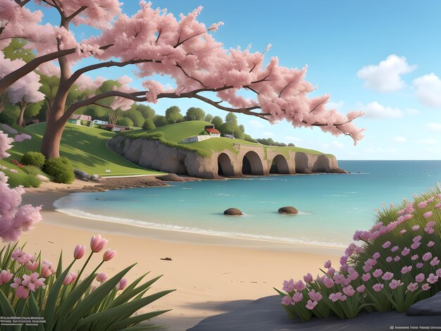 Dreamy Island Coast Beach with Lush Cherry Blossoms and CrystalClear Waters